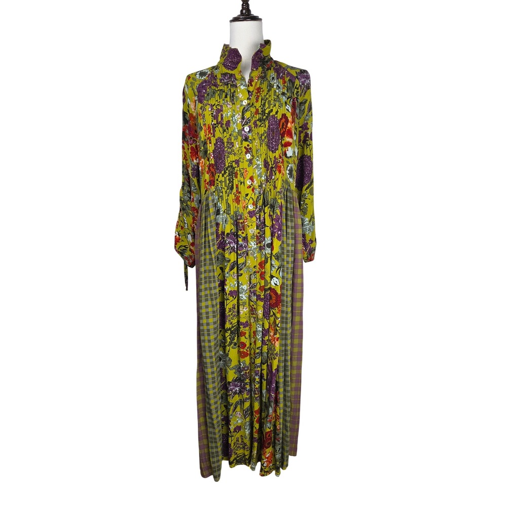 John Mark Maxi Dress Medium Green Floral Gingham Pintuck Button Front Boho Flowy - Picture 2 of 13